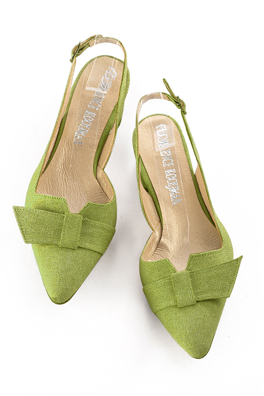 Grass green women's slingback shoes. Tapered toe. Low flare heels. Top view - Florence KOOIJMAN